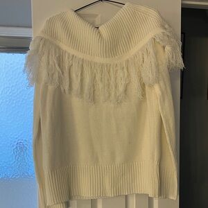 Cato Off-the-Shoulder White Fringed Sweater